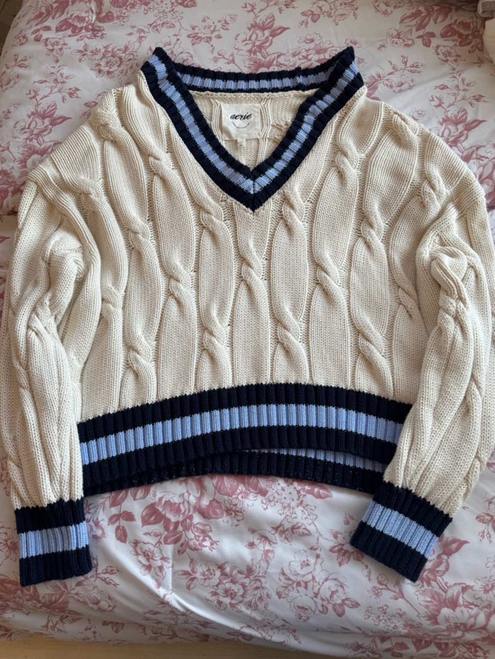 AERIE Navy & Light blue Knit V-Neck Sweater